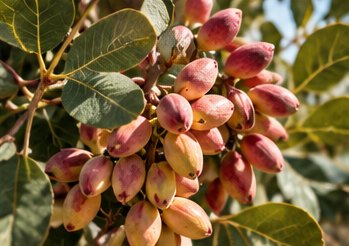 Clusters of ripening pistachios on the branch