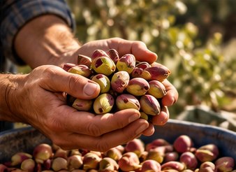 Hands holding freshly harvested pistachios