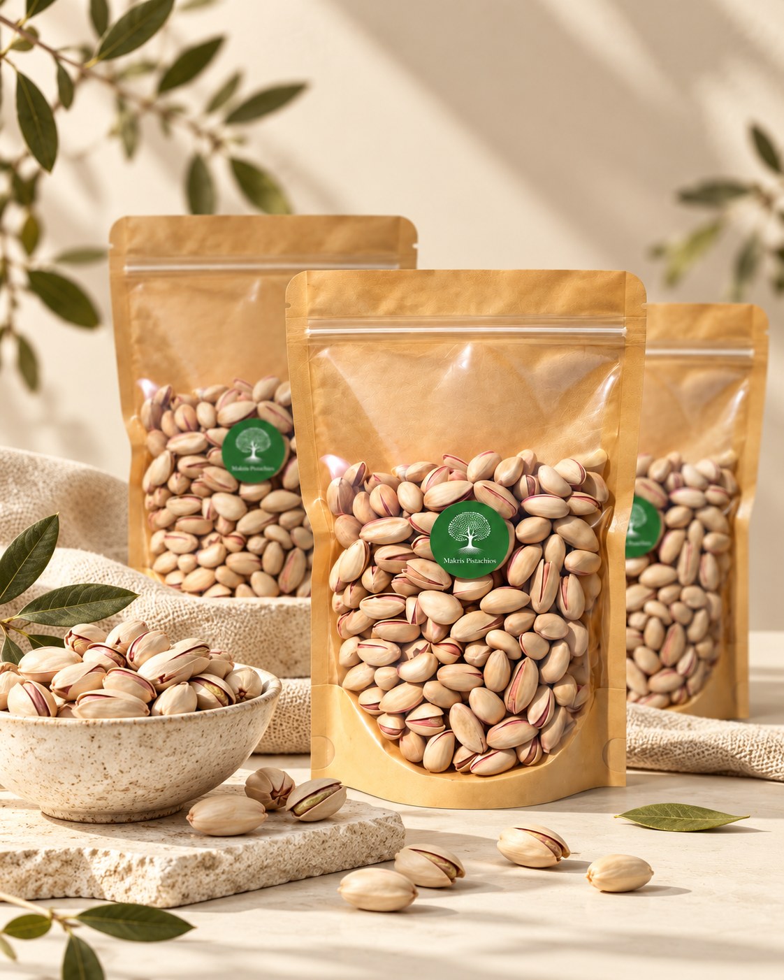 Makris Pistachios resealable kraft pouch filled with pistachios