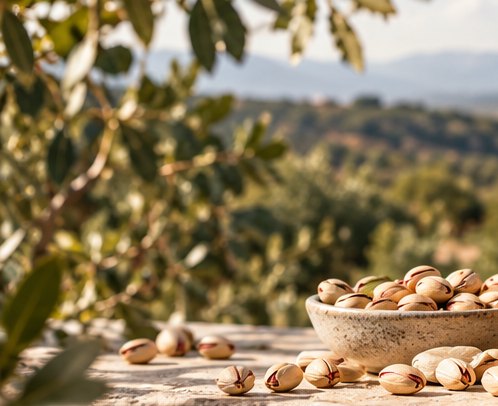 A bowl of pistachios on warm stone in the sunlight